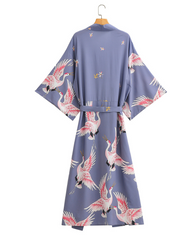 Langer Kimono mit Vogel-Blumenmuster, Strandüberzug, langer Strandkimono