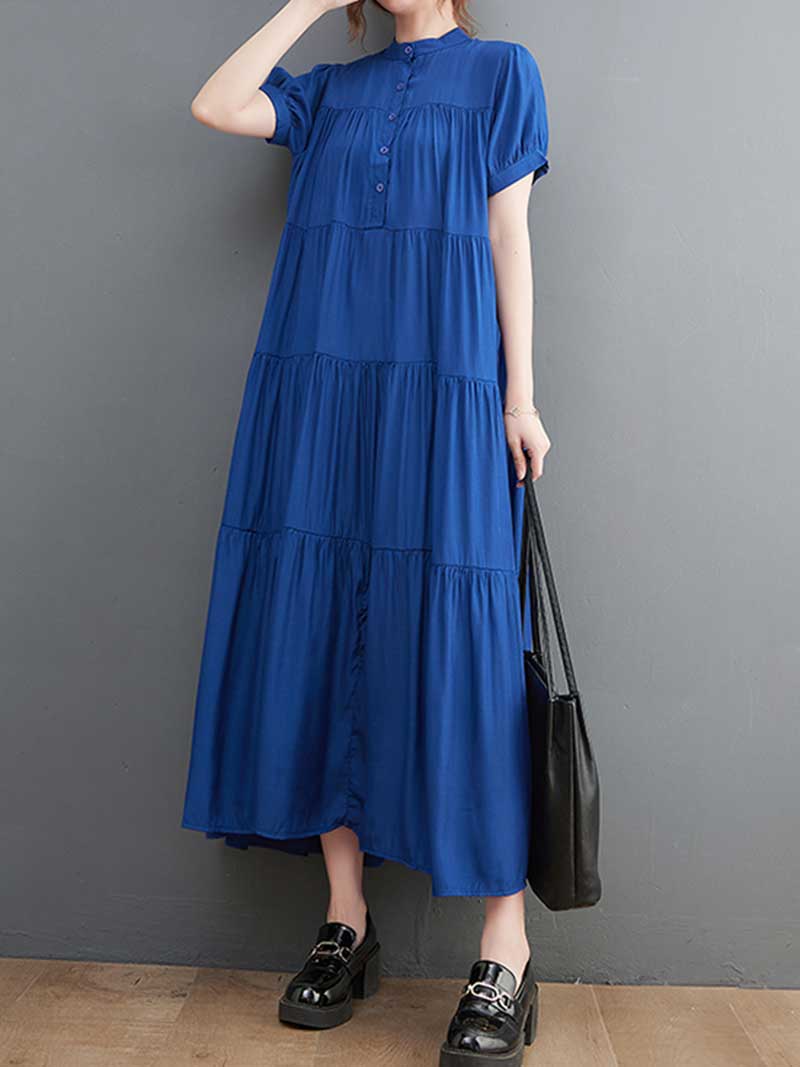 Cotton Short Sleeve Blue Color A-Line Dress