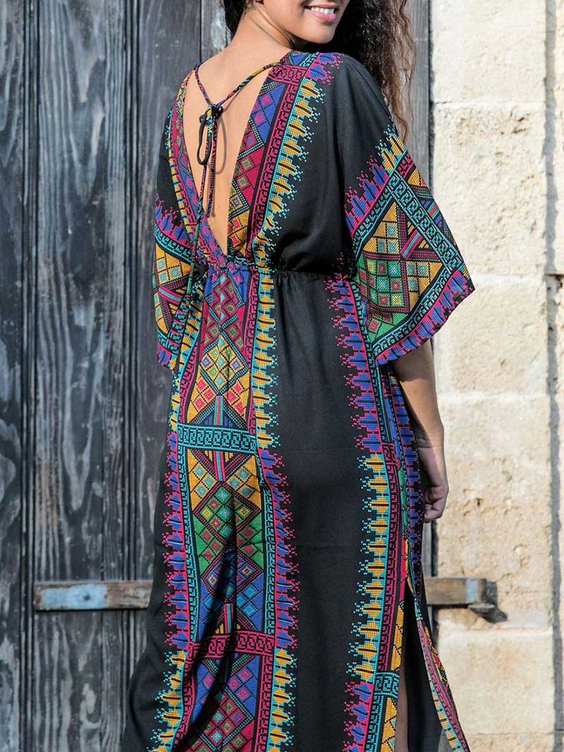 Kaftankleid aus Baumwolle mit böhmischem Print und kurzen Ärmeln