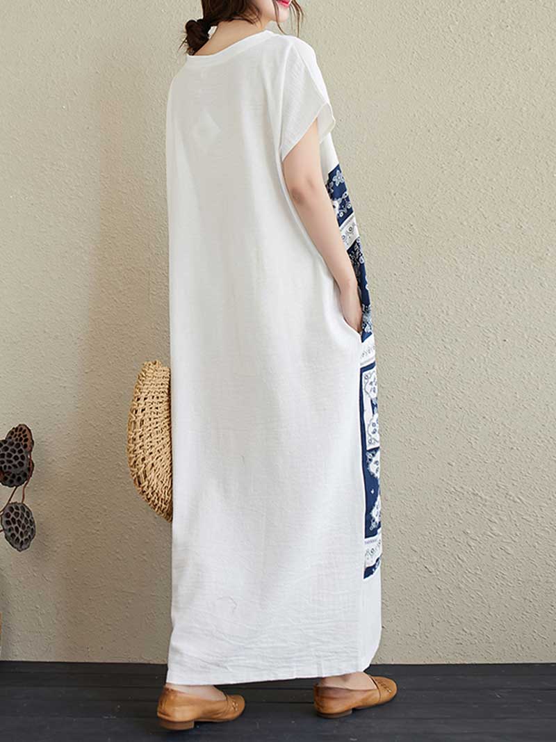 Printed White Short Sleeves Kaftan Dress