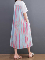 Cotton Tie-Dye Print Short Sleeves Midi Dress