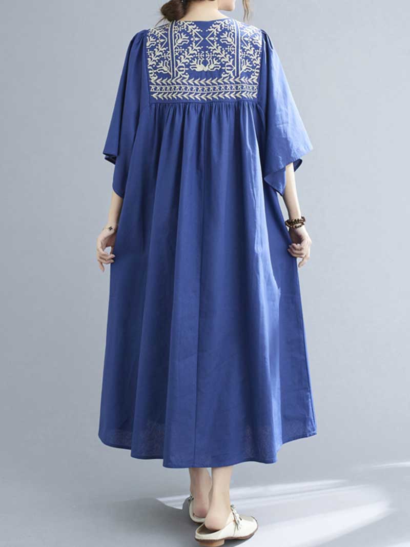 Embroidered Polyester Round-Neck A-Line Dress