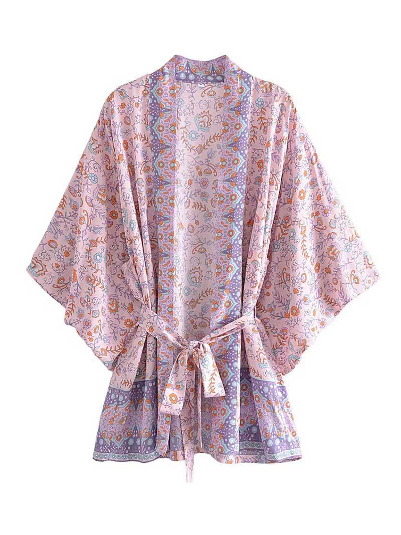 Short Floral Print Brown, Purple Orange Color Cotton Short Length Gown Kimono Duster Robe