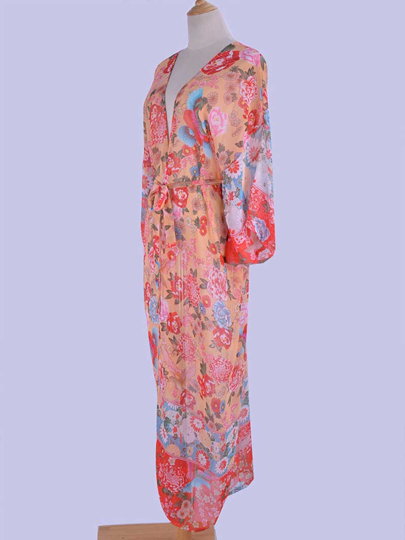 Nightwear Chiffon Floral Print Pink Color Long Length Gown Kimono Duster Robe