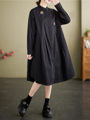 Fashionable Embroided Loose Stand-Up Collar Shirt Dress