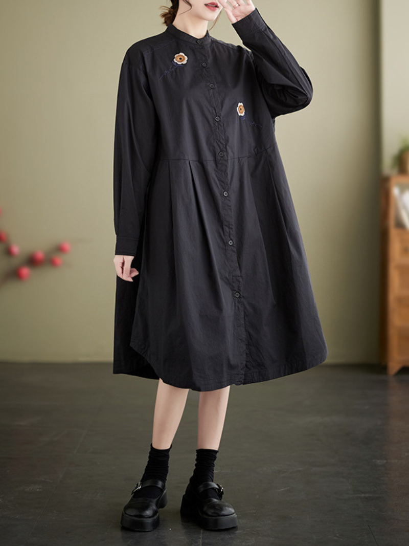 Fashionable Embroided Loose Stand-Up Collar Shirt Dress