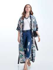 Kimono de playa de algodón largo con estampado floral de pájaros en colores azul, blanco y verde