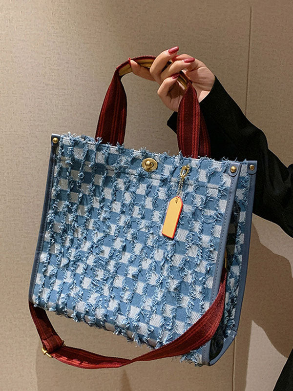 Bolso tote de tela vaquera con estampado de cuadros