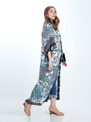 Beachwear Cotton Long Length Floral With Birds Print Blue, White & Green Color Gown Kimono Duster Robe