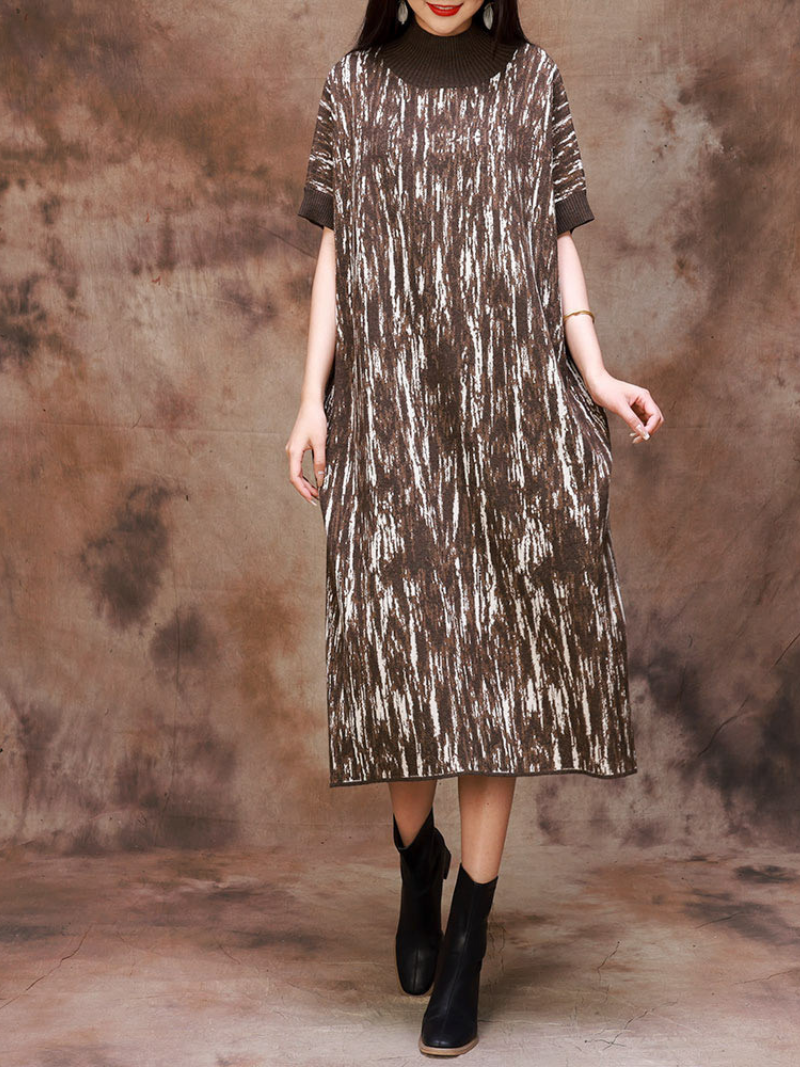 Fashionable Camouflage Half Collar Knitted Midi Dress