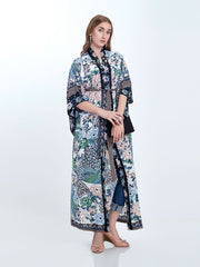 Strandmode Baumwolle Lange Länge Blumen mit Vögeln Print Blau, Weiß &amp; Grün Farbe Kleid Kimono Duster Robe