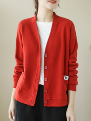 V-Neck Long-Sleeved Sweater Top Loose Solid Color Cardigan Button Sweater Jacket