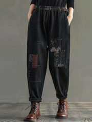 Pantalones deportivos negros de mezclilla con cintura elástica de patchwork