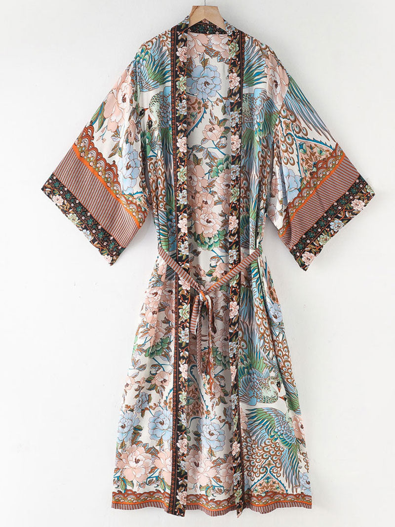 Strandmode Baumwolle Lange Länge Blumen mit Vögeln Print Blau, Weiß &amp; Grün Farbe Kleid Kimono Duster Robe