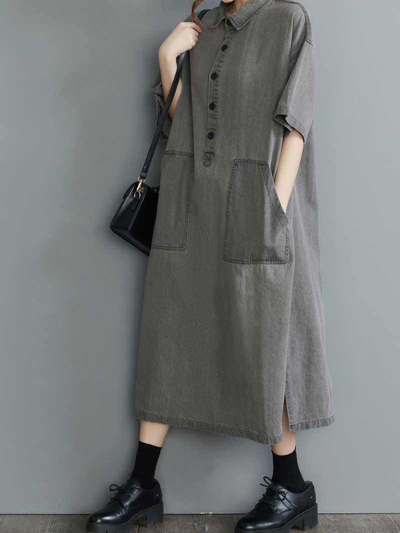 Plain Cotton Grey Color Short Sleeve Midi Dress