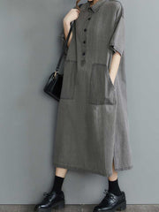 Plain Cotton Grey Color Short Sleeve Midi Dress