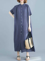 Long Cotton Front Button Cotton Shirt Dress (White - Black - Grey- Apricot)