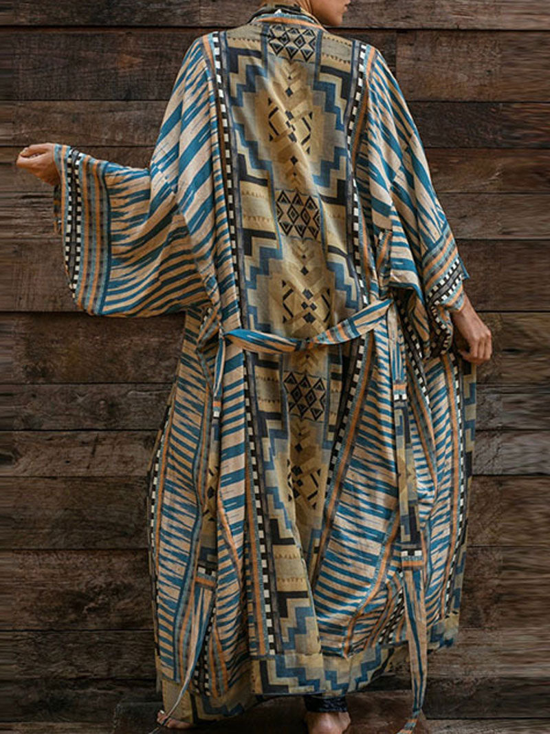 Printed Red & Blue Color Cotton Long Length Gown Kimono Duster Robe