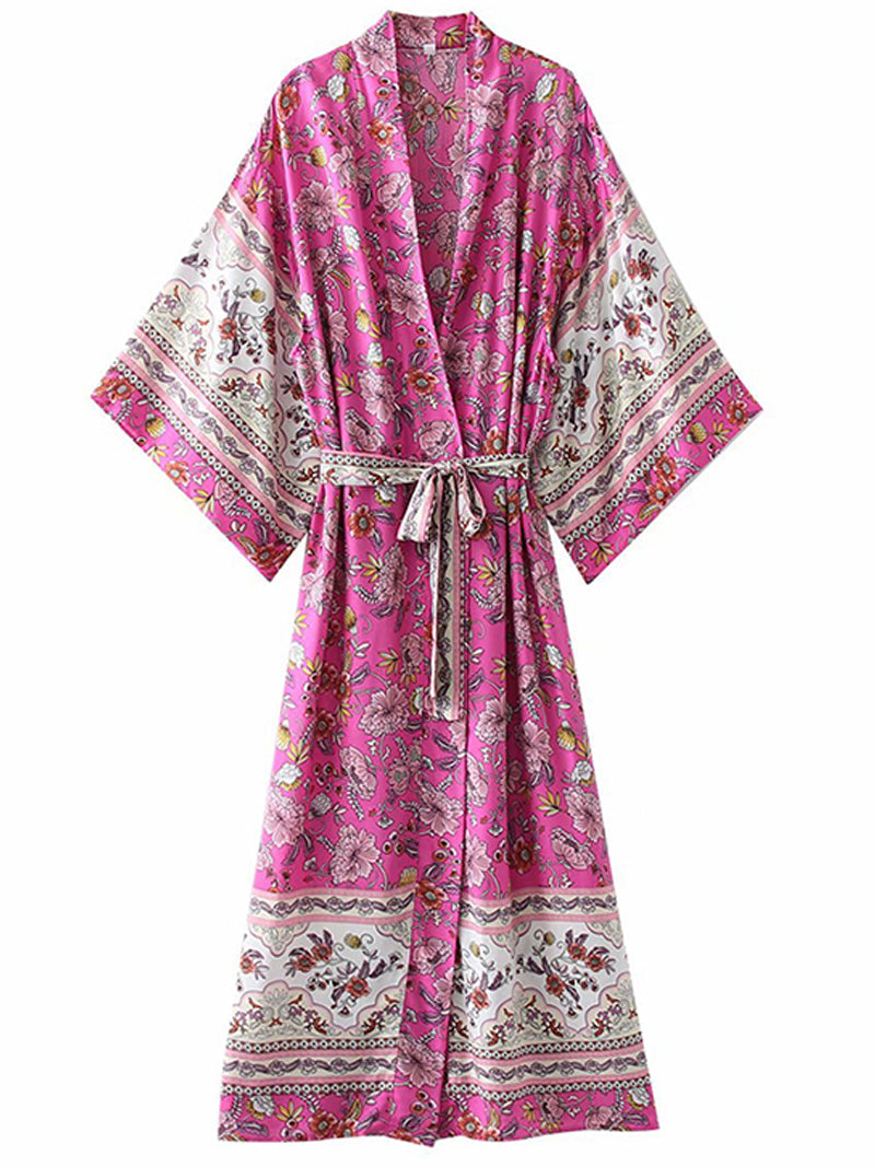 Plant Flowers Print Rose-Red Color Cotton Long Length Gown Kimono Duster Robe