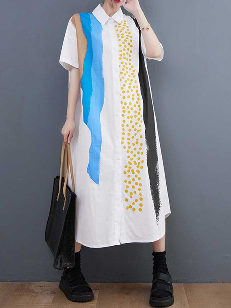 Cotton Art Print Short Sleeve Shirt Dress