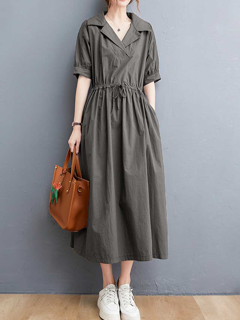 Plain Cotton Short Sleeve A-Line Dress