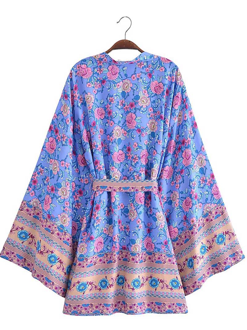 Short Floral Print Purple, Green, & Beige Cotton Short Length Gown Kimono Duster Robe