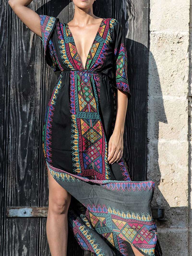 Bohemian Print Cotton Short Sleeves Kaftan Dress