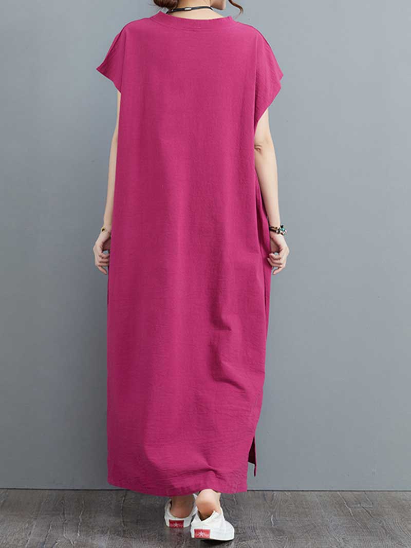 Hemp Material Plain Short Sleeves With Double Side Pocket A-Line Dress