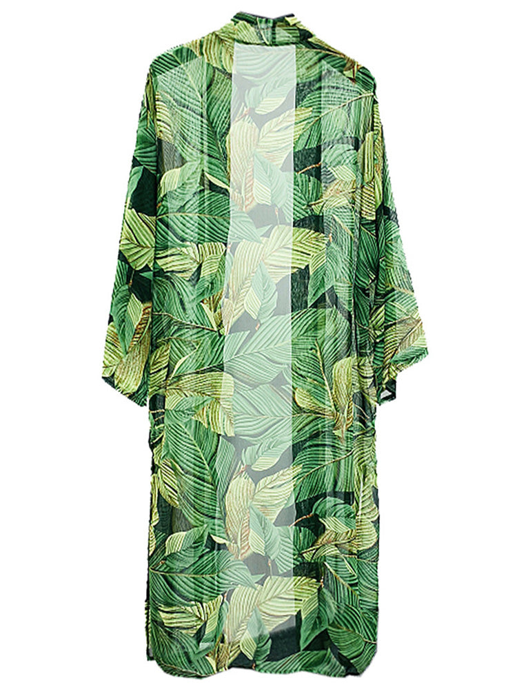 Picknick-Partykleidung, Blattdruck, grüne Farbe, Polyester, langes Kleid, Kimono, Staubtuch, Robe