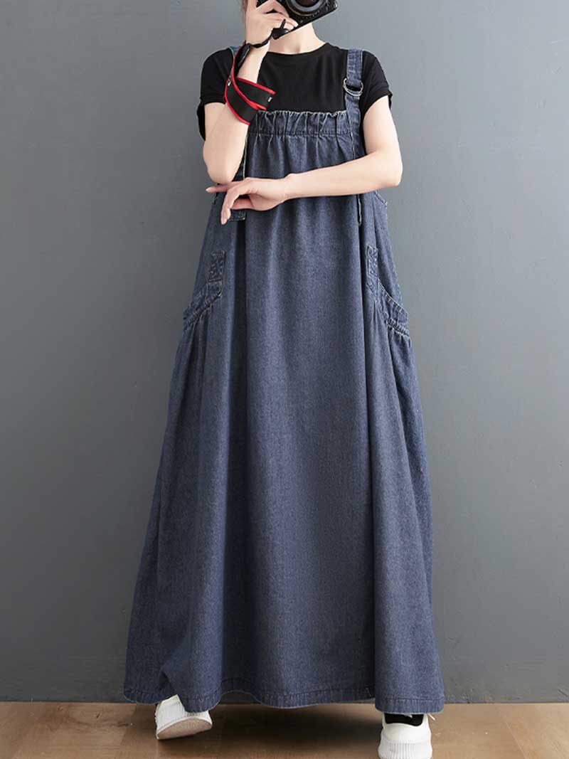 Plain Denim Salopette Overall A-Line Dress