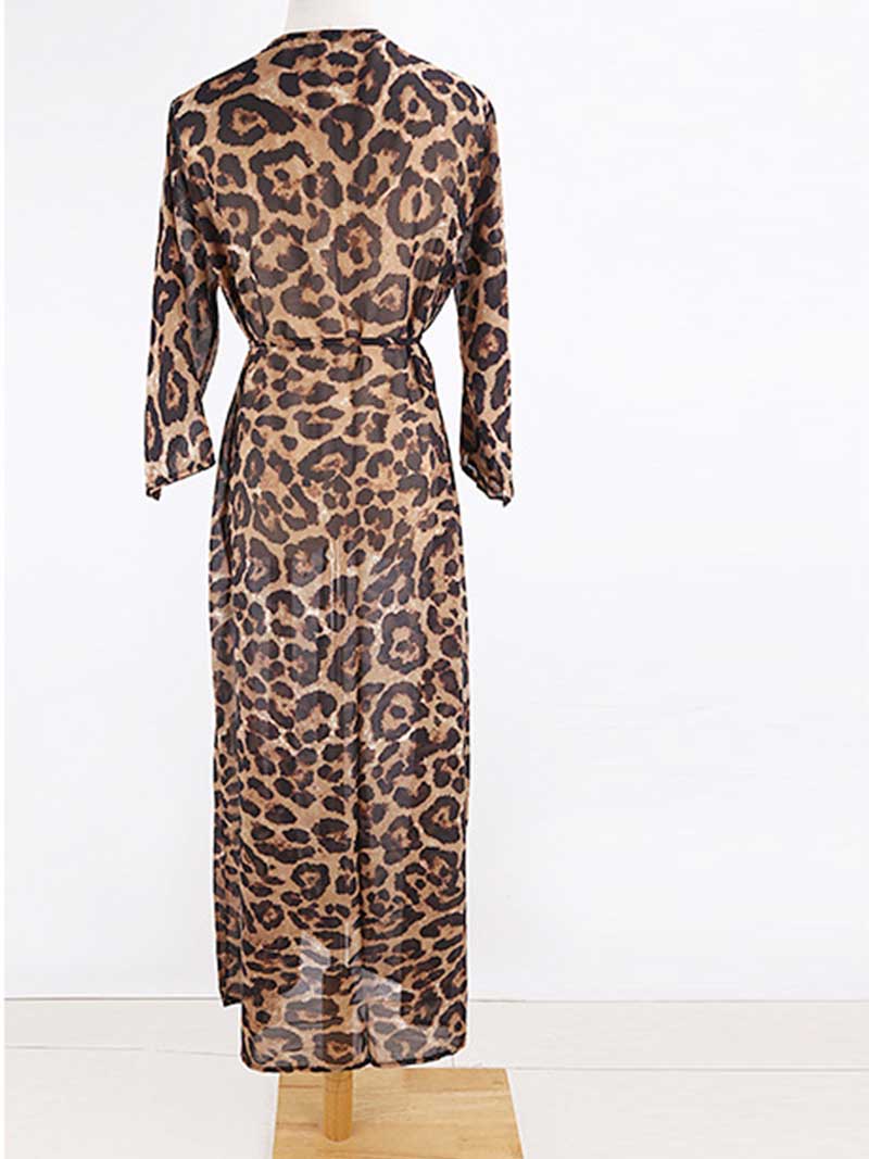 Leopard Print Leopard Color Chiffon Long Length Gown Kimono Duster Robe
