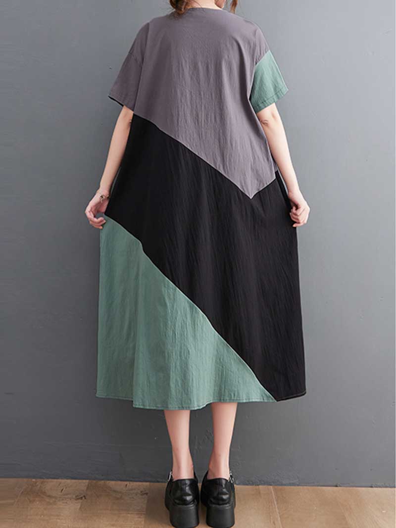 Plain Cotton Short Sleeves A-Line Dress