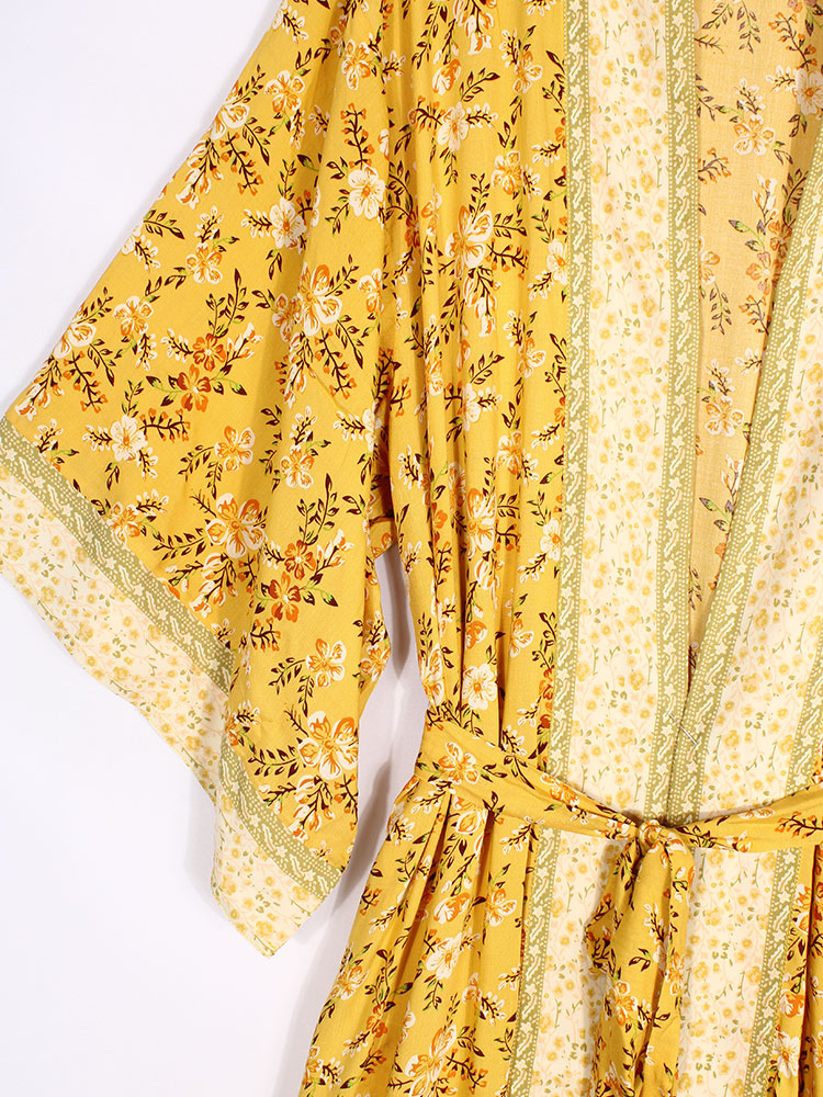 Vestido de fiesta nupcial con estampado floral, color amarillo, de algodón, largo hasta el suelo, bata tipo kimono