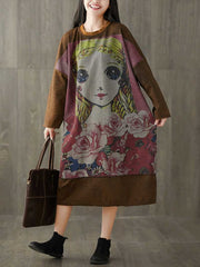 Give Me a Memory Round Neck Cartoon Sweater Midi Dress