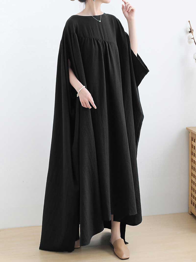 Plain Cotton Round-Neck Bat Sleeves Kaftan Dress