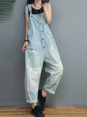 Sun Goes Down Cotton Denim Ripped Overall Dungarees