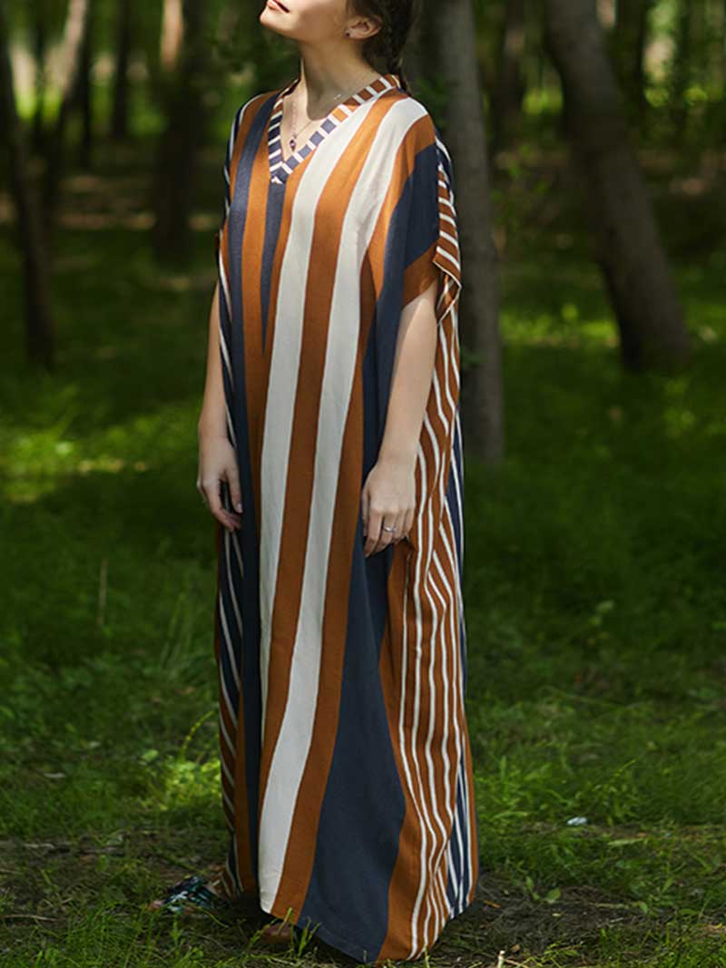 Stripes Print Multicolor Half Sleeves Kaftan Dress