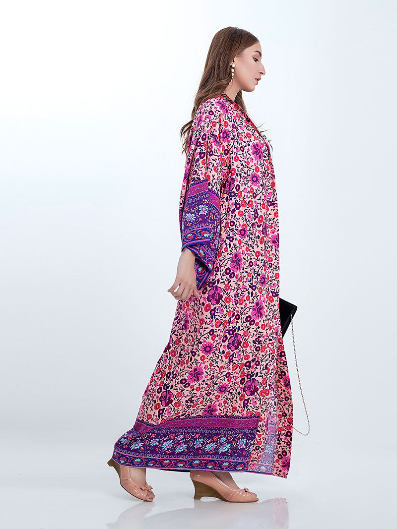 Bridal Wear Long Length Floral Print Purple Color Cotton Gown Kimono Robe