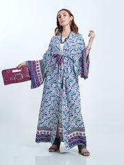 Beachwear Floral Print Pink & Blue Color Cotton Long Length Gown Kimono Duster Robe