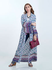 Beachwear Floral Print Pink & Blue Color Cotton Long Length Gown Kimono Duster Robe