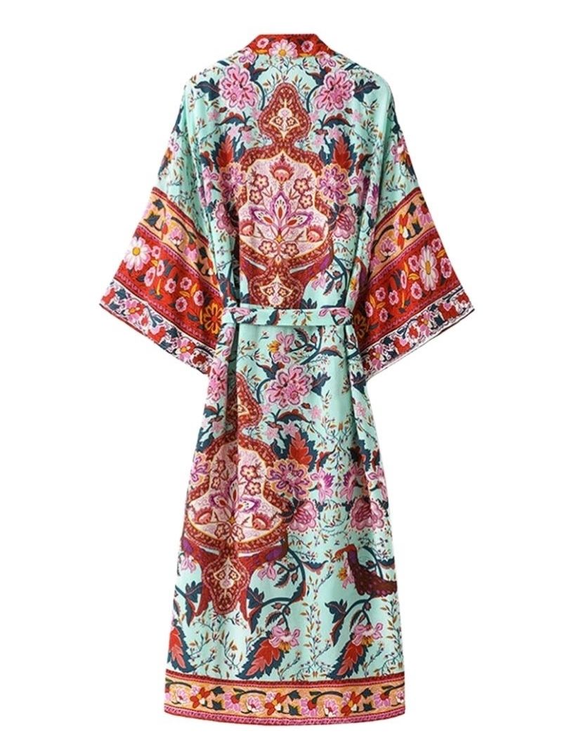 Bata tipo kimono de algodón verde con estampado floral para dormir, larga, de longitud media