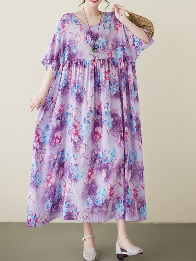 Vestido camisero de algodón morado con estampado floral de Mud Pie