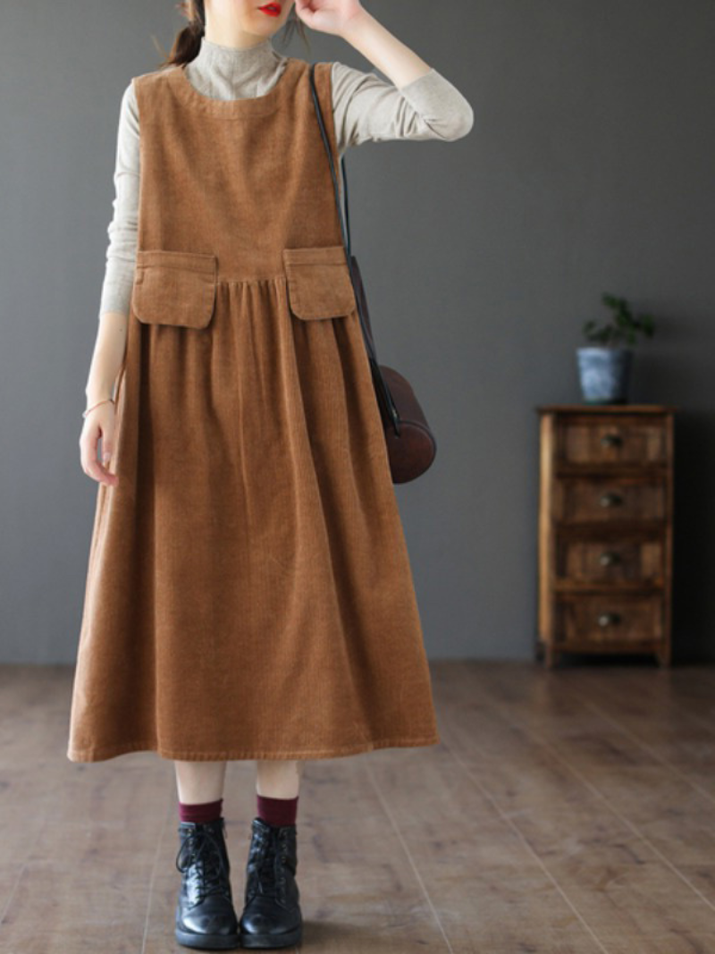 Vestido femenino de pana de terciopelo, largo medio, suelto, de rayas, sin mangas, de corte A