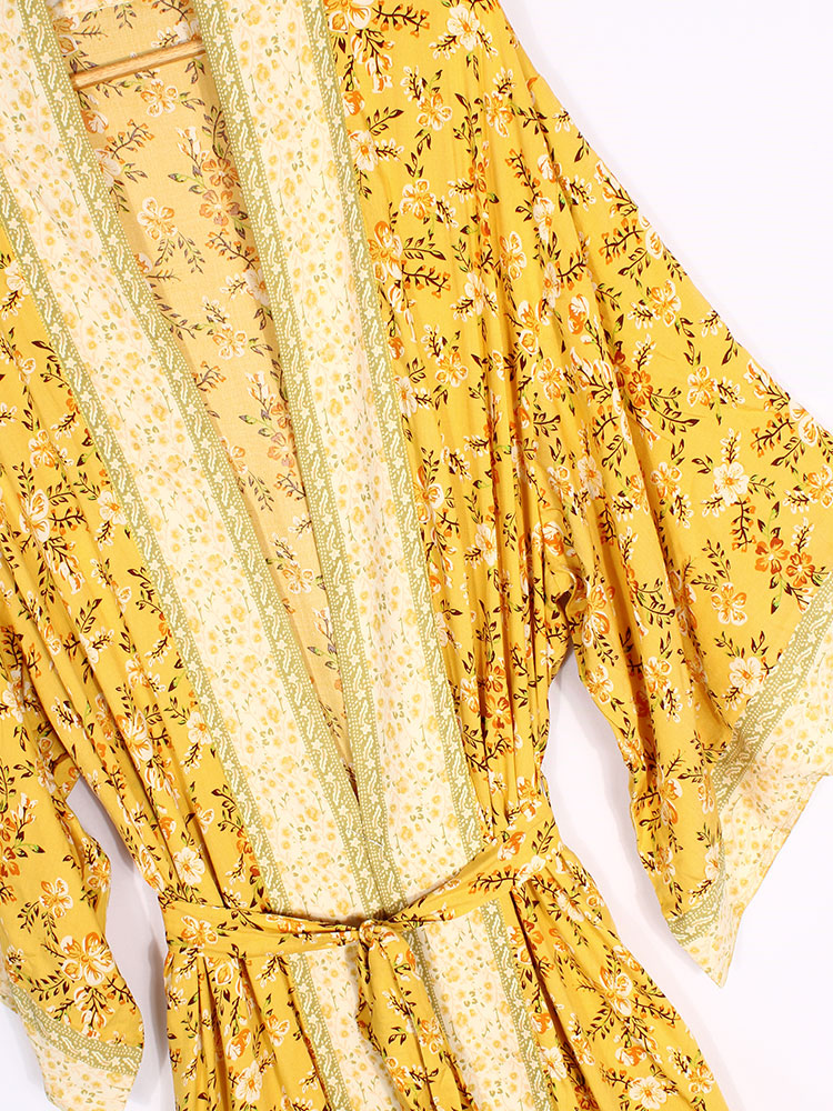 Vestido de fiesta nupcial con estampado floral, color amarillo, de algodón, largo hasta el suelo, bata tipo kimono