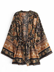 Short Length Floral Print Black Color Cotton Gown Kimono Duster Robe