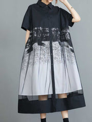 Cotton Retro Printed Black Color Short Sleeves A-Line Shirt Dress