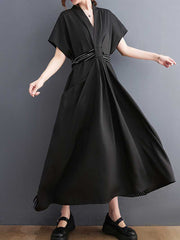 Cotton Short Sleeves Tie Style A-Line Dress