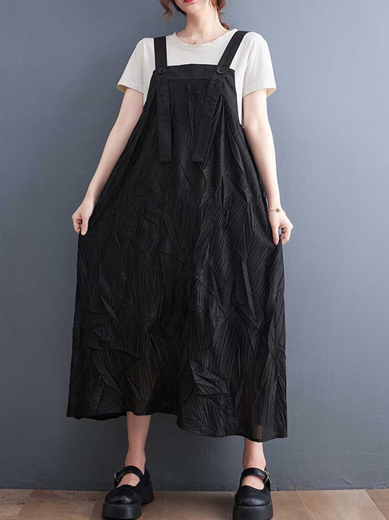 Pleated Cotton Black Color  Salopette Dress