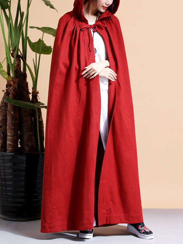 Solid Color Hooded Linen Cape Coat