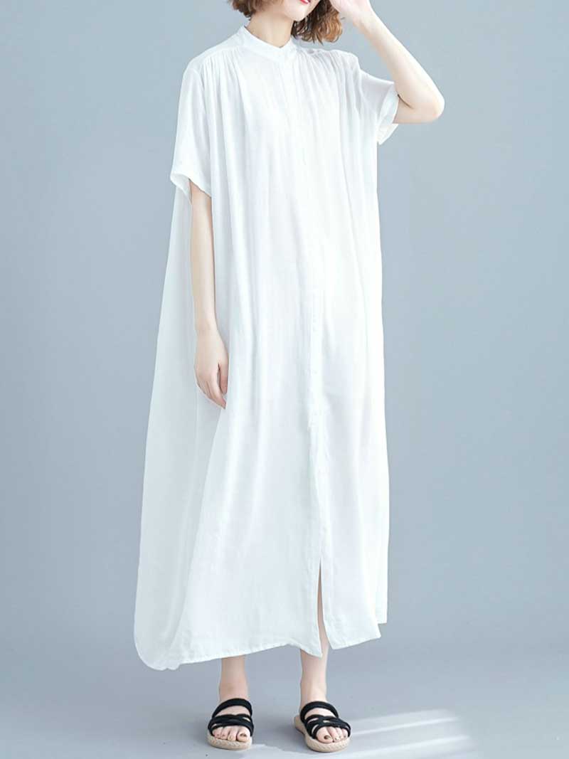 Long Cotton Front Button Cotton Shirt Dress (White - Black - Grey- Apricot)